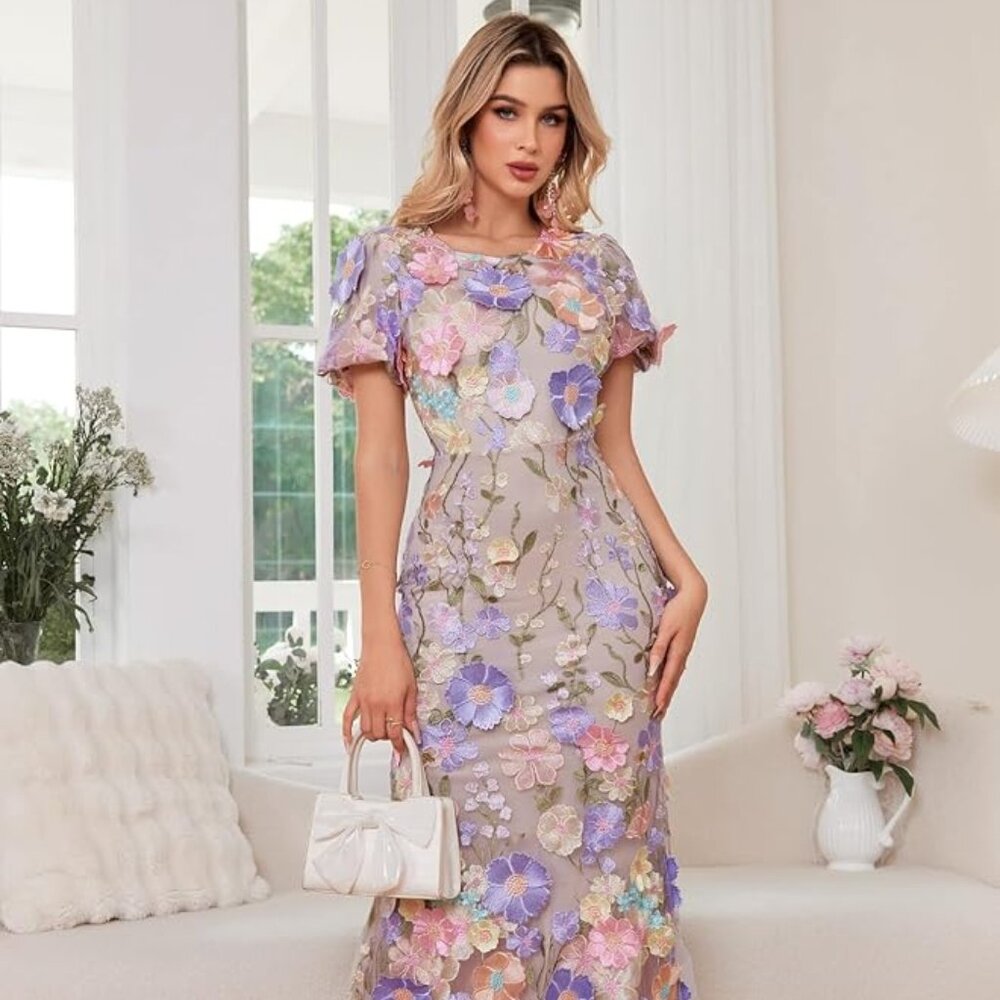 Pastel Floral Embroidered Midi Dress - Spring/Summer Cocktail & Wedding Guest